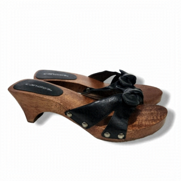 Candie's Shoes - Vintage 80's Wood and Leather Candies Mule Sandal Heel sz 8